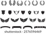 Design elements ,laurel wreaths, shields, wing shapes, and decorative black silhouette 