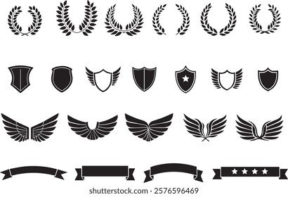 Design elements ,laurel wreaths, shields, wing shapes, and decorative black silhouette 