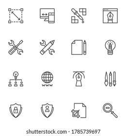 Design elements line icons set, outline vector symbol collection, linear style pictogram pack. Signs, logo illustration. Set includes icons as designer tools, planning, inspiration, sketching, website