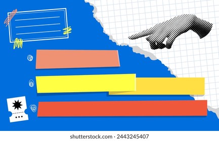 Design elements for list. Pop art style pointing hand. Piece of squared notebook paper. Torn paper. Modern collage.