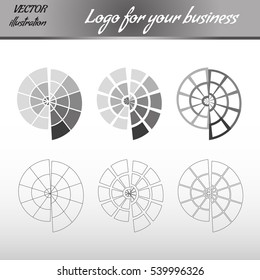 Design elements or logo with snail for business with rotational motion in black and white colors. Vector illustration set.