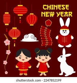 Design elements for lunar new year, icons for lunar new year design. Character,lampion,etc.