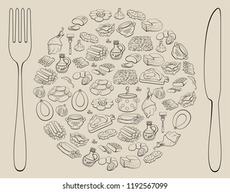 design elements with meat food. Vector Illustration.