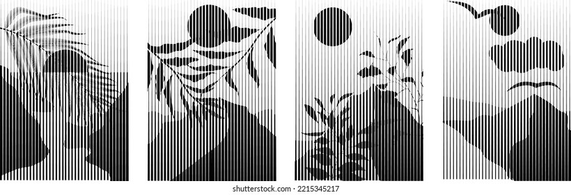 Design elements with mountain landscape  and sunset in boho art style  .Minimal design with line elements . Trendy design . Mountain peak .Wall art .Vector illustration .