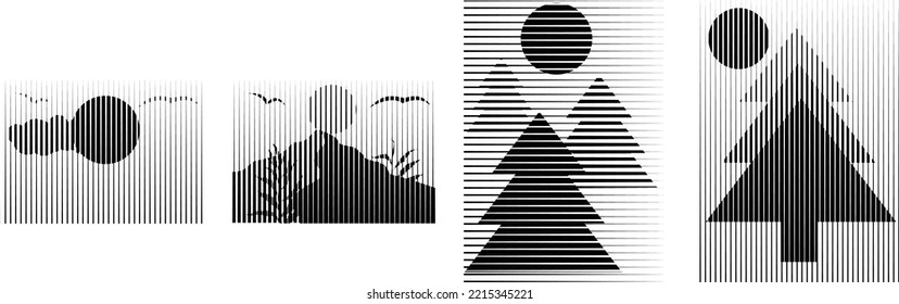 Design elements with mountain landscape  and sunset in boho art style  .Minimal design with line elements . Trendy design . Mountain peak .Wall art .Vector illustration .