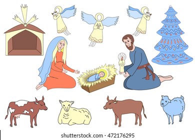 Design elements of native scene. Saint family, angels, Christmas tree, and animals.