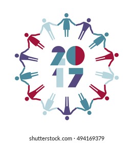 design elements for New Year celebration; 2017; flat illustration; people icons in a circle