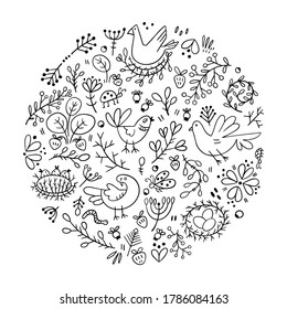 Design elements on the theme of nature, plants, birds. Doodle style in circle shape composition. Black outline on white background.