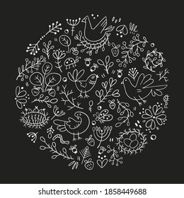 Design elements on the theme of nature, plants, birds. Doodle style in circle shape composition. White chalk outline on a black background.