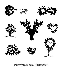 design elements, ornaments, black and white, deer, key, tree, 
clock vector