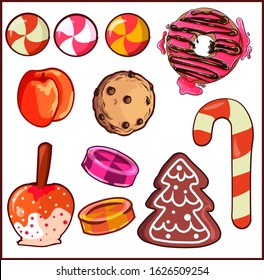 Design elements pack with different type of sweets and desserts. Candies, cookies, fruits and donuts elements pack.