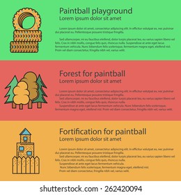 Design elements for paintball playground barricades on colored backgrounds with sample text for your business or website. Vector flat color illustration