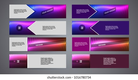 Design elements presentation template. Set horizontal banners background purple glow light effect. Vector illustration EPS for brochure template, business card layout, flyer cover page mockup