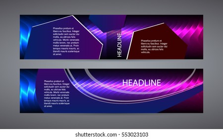 Design elements presentation template. Set horizontal banners background purple glow light effect. Vector illustration EPS for brochure template, business card layout, flyer cover page mockup