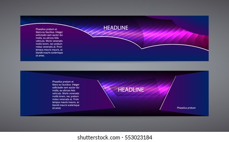 Design elements presentation template. Set horizontal banners background purple glow light effect. Vector illustration EPS for brochure template, business card layout, flyer cover page mockup