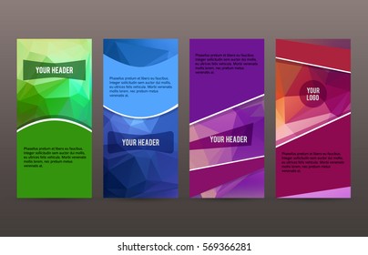 Design elements presentation template. Set vertical banners triangle colors background, backdrop gradient glow effect. Vector illustration EPS 10 brochure template, business card layout, flyer mockup