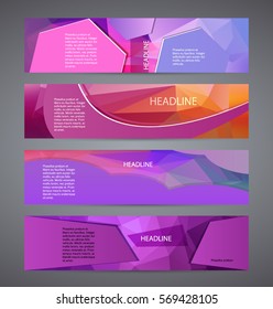 Design elements presentation template. Set horizontal banners background lilac purple glow light effect. Vector illustration EPS for brochure template, business card layout, flyer cover page mockup