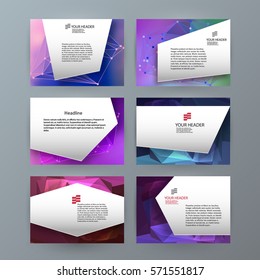 Design elements presentation template. Set horisontal banners purple background, backdrop glow light effect. Vector illustration EPS 10 for web buttons template, business card layout, website element