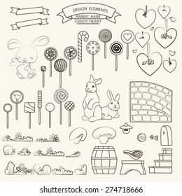 Design elements rabbit and hare, candy, heart, bird 