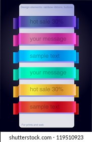 Design elements: rainbow ribbons, buttons. For prints and web