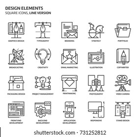 Elementos de design, conjunto de ícones quadrados. As ilustrações são um vetor, traçado editável, trinta e dois por trinta e dois matriz grid, pixels perfeitos. Feito com precisão e olho para qualidade.