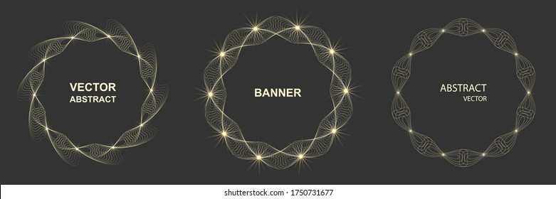  Design elements. Ring circle elegant frame border. Abstract Circular logo element on  dark background isolated.
   Creative art. Background with swirl. Wave of many  lines circle ring. 