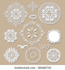 Design elements set 11, ornaments, abstract decoration, lace doily, frame, border, hand drawn artwork, isolated white on beige