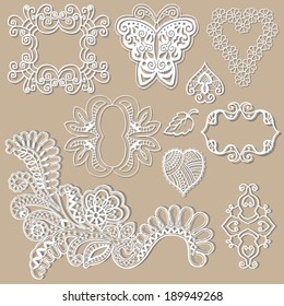 Design elements set 14, retro floral ornaments, abstract decoration, lace doily, frame, border, hearts, butterfly, hand drawn artwork, isolated white on beige
