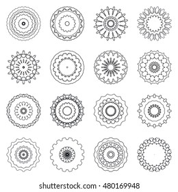 Design elements set. 16 different round ornaments, logo icon label, business symbols collection. Abstract geometric shapes, tribal ethnic mandala circular patterns. Isolated black on white background