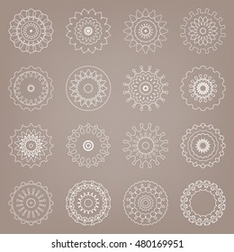 Design elements set. 16 different round ornaments, logo icon label, business symbols collection. Abstract geometric shapes, tribal ethnic mandala circular patterns. Isolated white on brown background