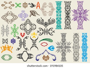 Design elements set 17, retro floral and geometric ornaments, colorful abstract decoration, lace doily, frame, border, hand drawn artwork