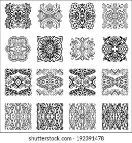 Design elements set 20, retro floral and geometric ornaments, ethnic abstract decoration, lace doily, black and white backgrounds, hand drawn artwork