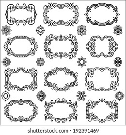 Design elements set 21, retro floral and geometric ornaments, black and white abstract decoration, frame, border, hand drawn artwork
