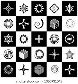 Design elements set. 25 black and white icons. Vector art.