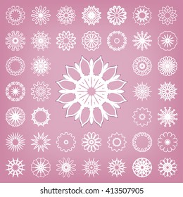 Design elements set. 40 different round mandala ornaments, logo icon label, business symbol collection. Stylized flowers stars or snowflakes. Abstract geometric shapes, tribal ethnic circular patterns