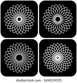 Design elements set. Abstract circle lacy white patterns on black backdrops. Vector art.