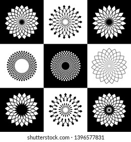 Design elements set. Abstract decorative geometric circle black and white icons. Vector art. 