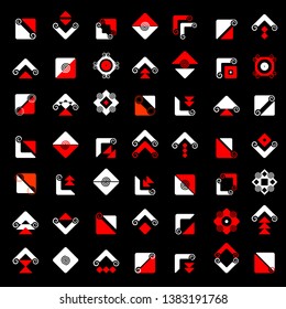 Design elements set. Abstract geometric red and white icons on black background. Vector art.