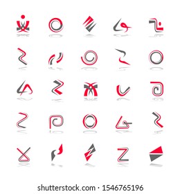 Design elements set. Abstract icons. Spiral, zigzag, circle and other red and grey symbols.