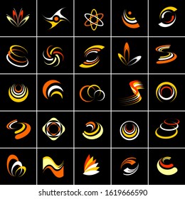 Design elements set. Abstract icons in warm colors isolated on black. Vector art.
