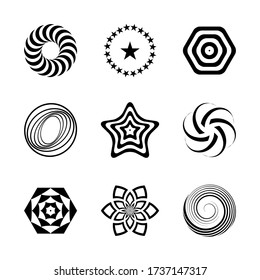 Design elements set. Abstract icons in star, spiral, circle and hexagon shape. Vector art.