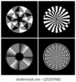 Design elements set. Abstract rotation circle white icons on black background. Vector art.
