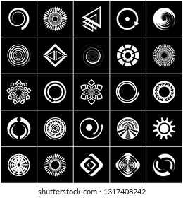 Design elements set. Abstract white icons on black background. Vector art.