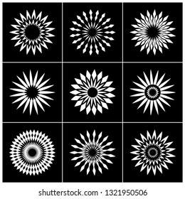 Design elements set. Abstract white icons on black background. Vector art.