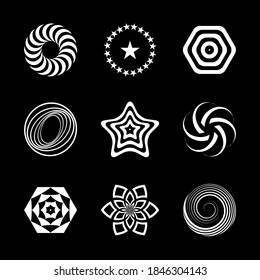 Design elements set. Abstract white icons on black background. Vector art.