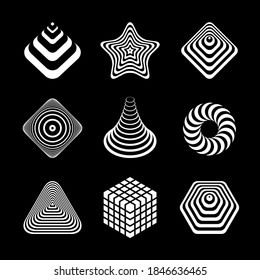 Design elements set. Abstract white icons on black background. Vector art.