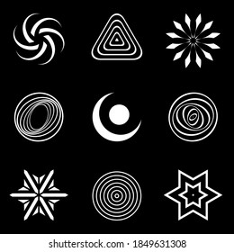 Set für Design-Elemente. Abstrakte weiße Symbole auf schwarzem Hintergrund. Vektorkunst.