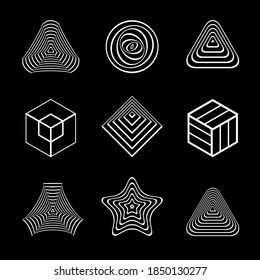 Design elements set. Abstract white geometric icons on black background. Vector art.
