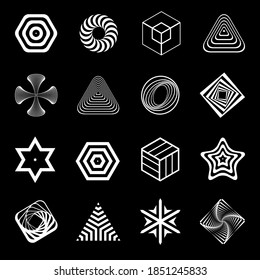 Design elements set. Abstract white icons on black background. Vector art.