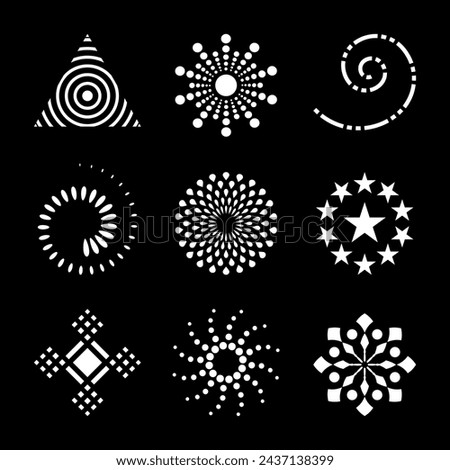 Design Elements Set. Abstract White Icons on Black Background. Vector Art. 